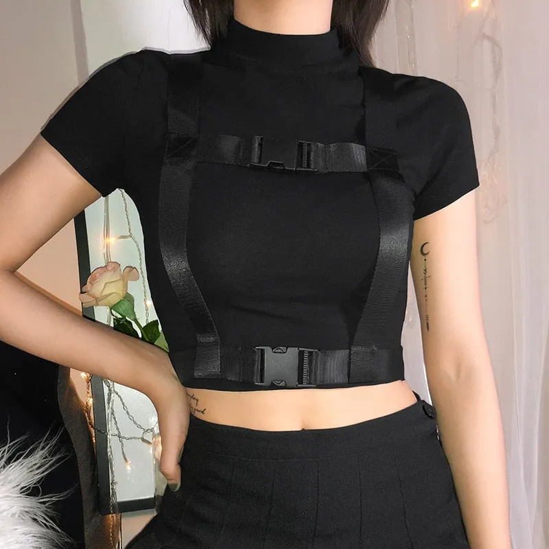 Gothic Cross Buckle Strapped Crop Top Tees