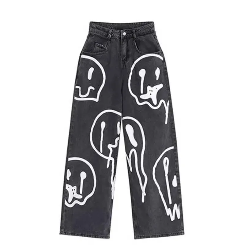 Gothic Ghost Cartoon Face Vintage Wash Baggy Pant