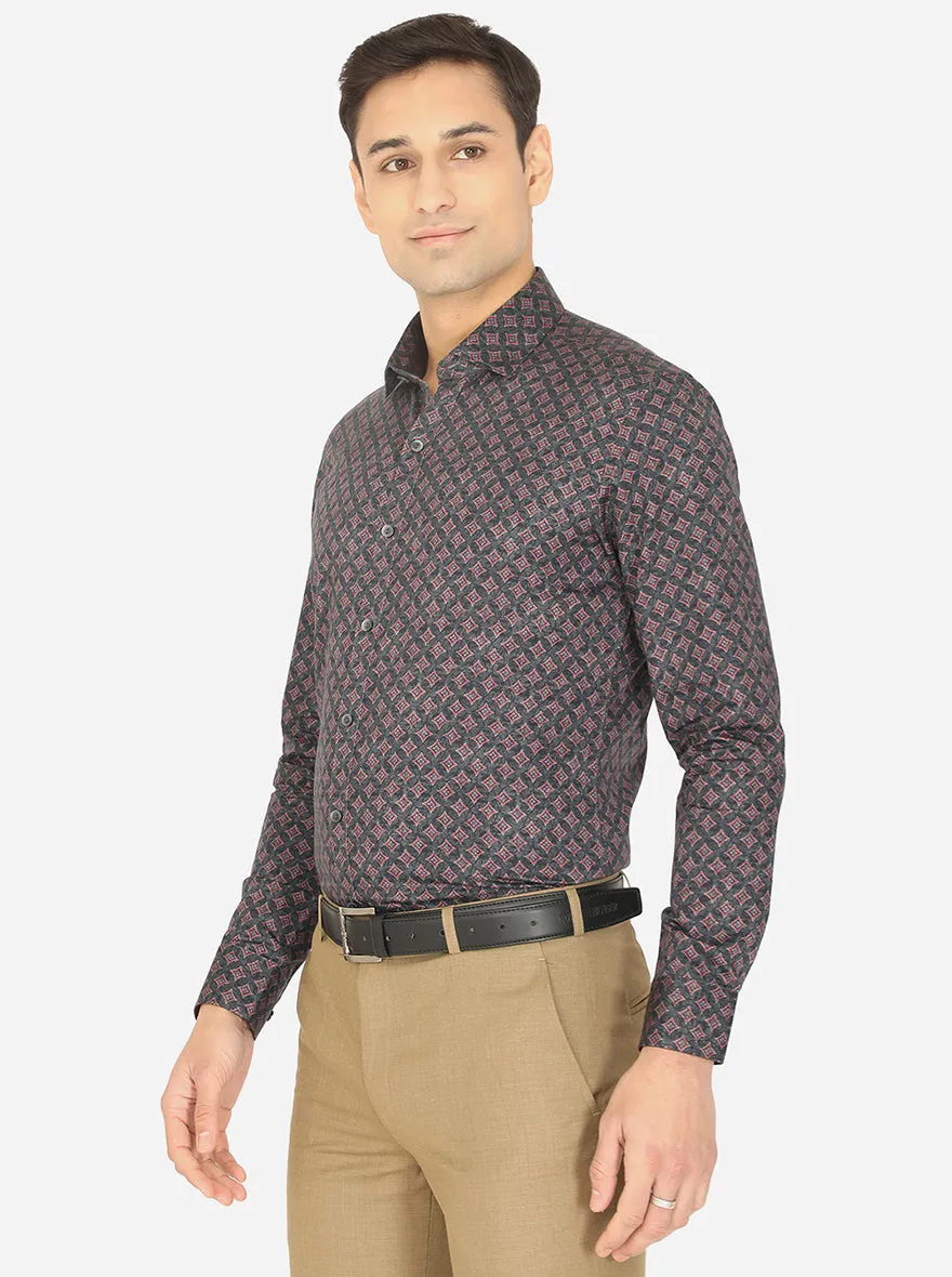 Grey & Red Printed Slim Fit Party Wear Shirt | Wyre