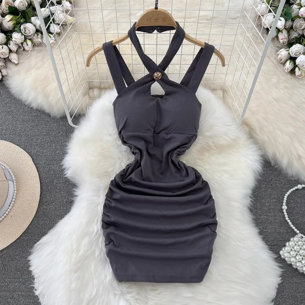 halter neck suspender dress for women sexy pleated dress       S4345