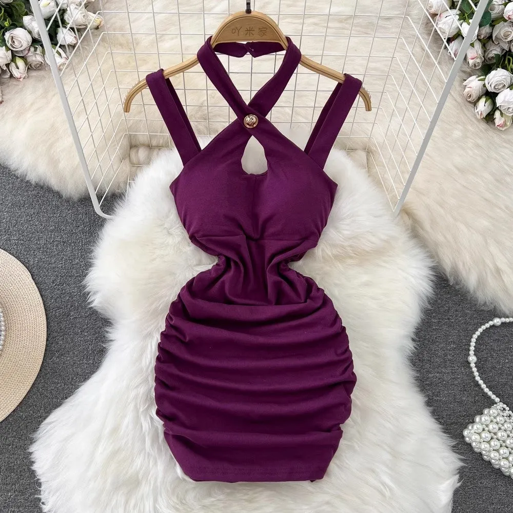 halter neck suspender dress for women sexy pleated dress       S4345