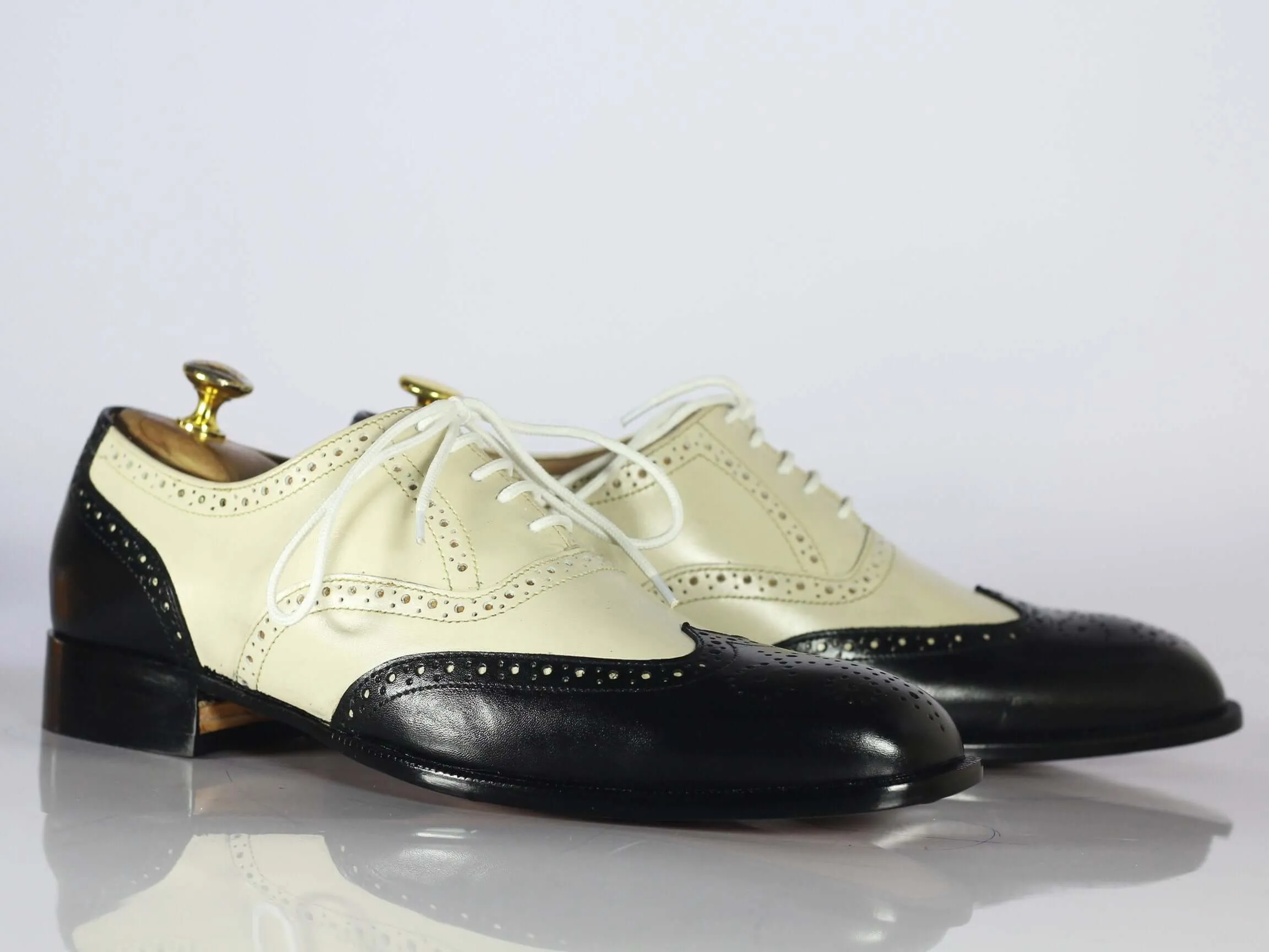 Handmade Black & Off White Wing Tip Brogue Leather Shoes