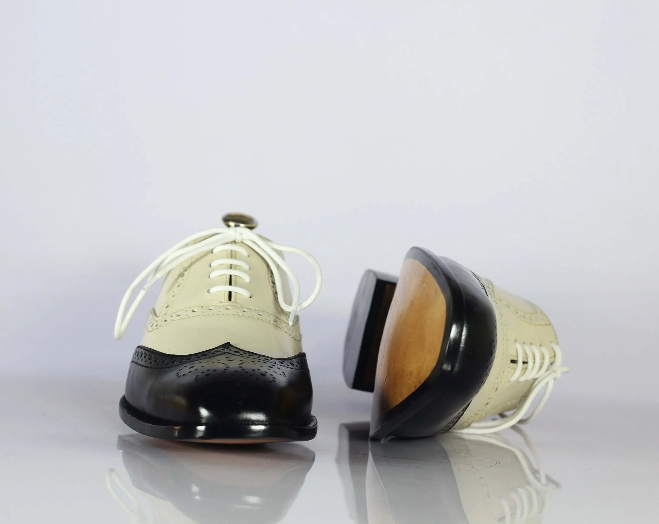 Handmade Black & Off White Wing Tip Brogue Leather Shoes