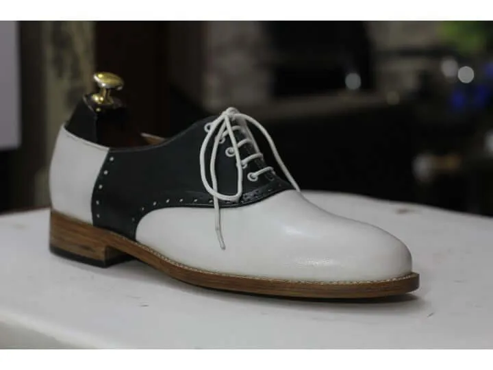 Handmade Black & White Lace Up Leather Dress Shoes For Men's