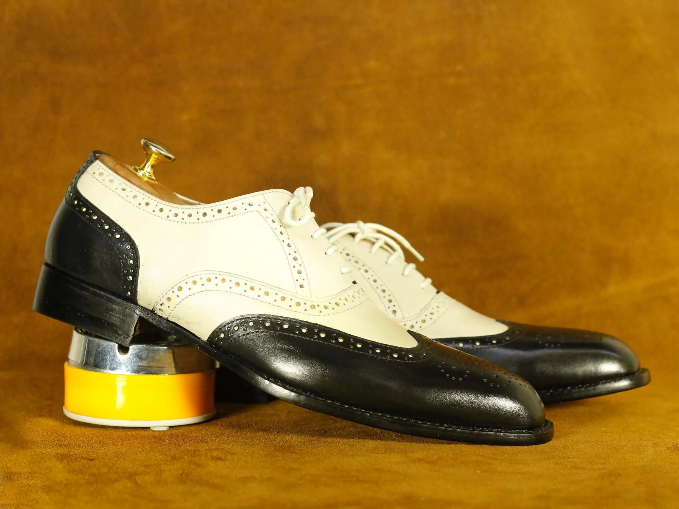 Handmade Black & White Wing Tip Brogue Lace Up Shoes , Men's Oxford Leather Shoes