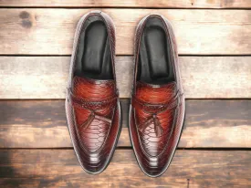 Handmade Burgundy Python Leather Loafer Tussle Shoes ,Slip On Moccasin Shoes