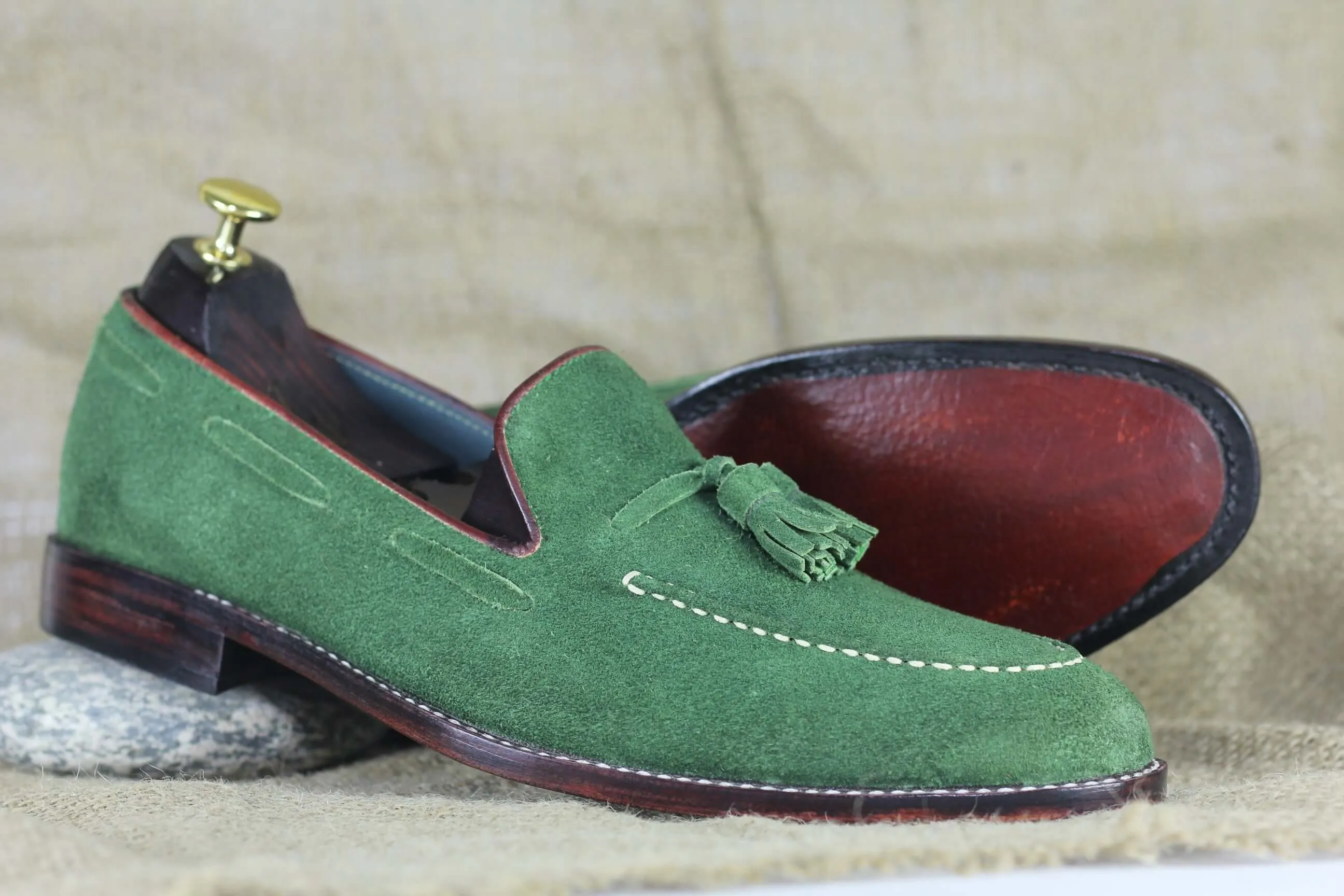 Handmade Green Suede Loafer Tussle Slip On Moccassin Shoes For Men's