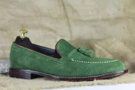 Handmade Green Suede Loafer Tussle Slip On Moccassin Shoes For Men's