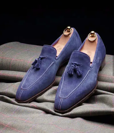 Handmade Men's Loafer Shoes, Men's Blue Suede Loafer Slip on Tassels Shoes.