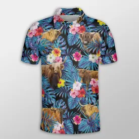 Highland Tropical Flowers Leaves Pattern Button Polo Shirt, Cow Polo Shirt, Gift for Farmers