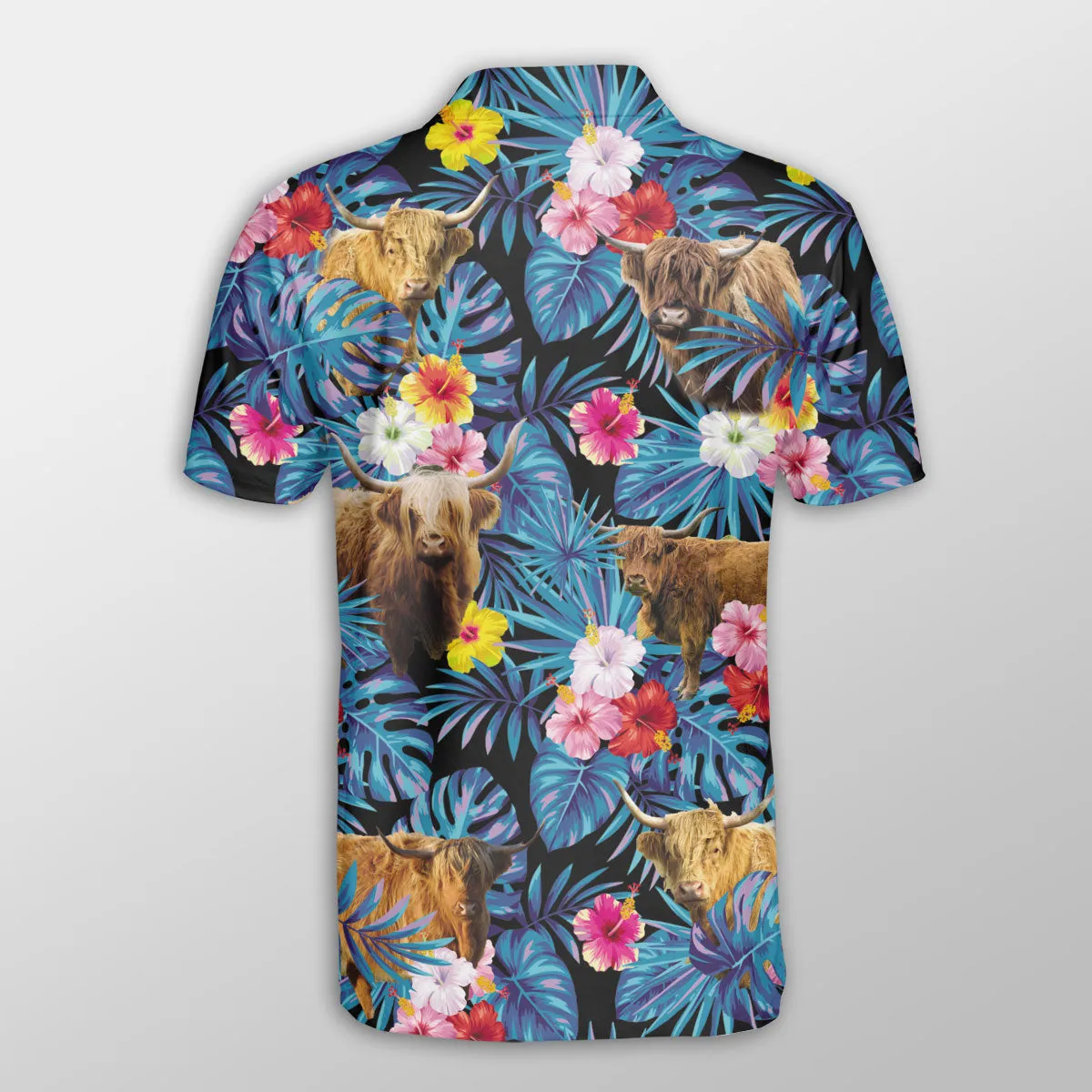 Highland Tropical Flowers Leaves Pattern Button Polo Shirt, Cow Polo Shirt, Gift for Farmers