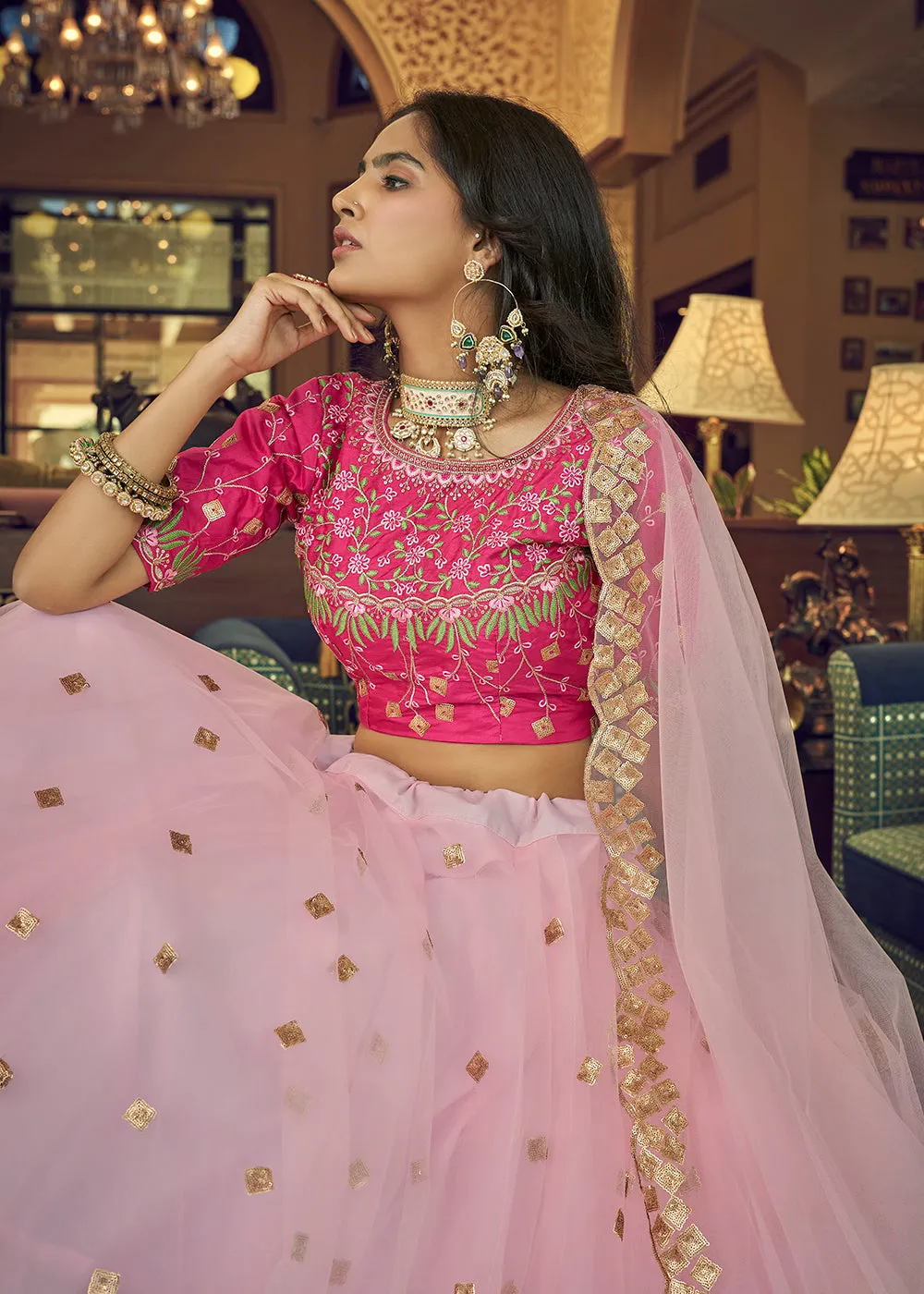 Impressive Baby Pink Heavy Net Party Wear Lehenga Choli