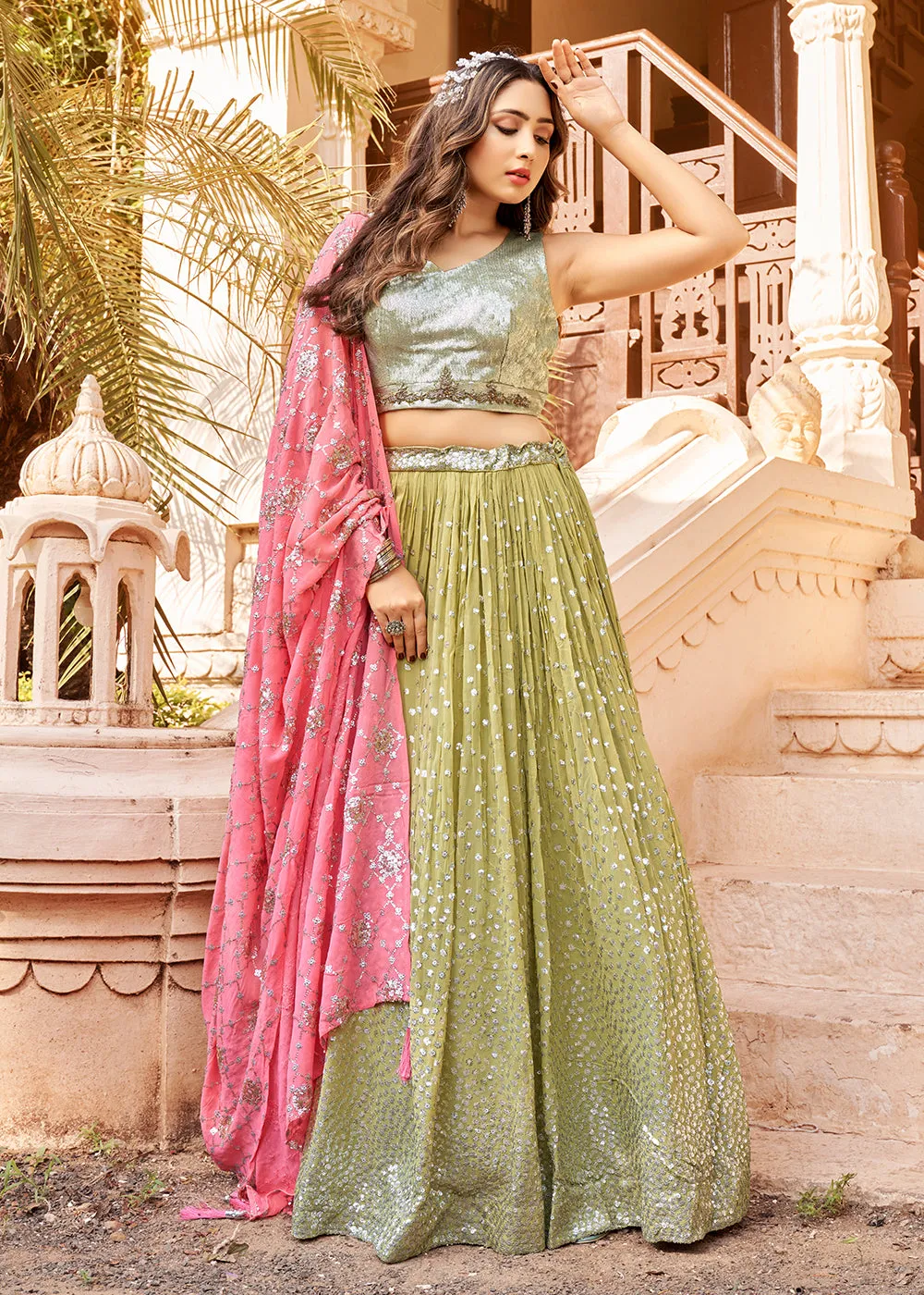 Ingenious Pistachio Green Silver Sequins Party Wear Lehenga