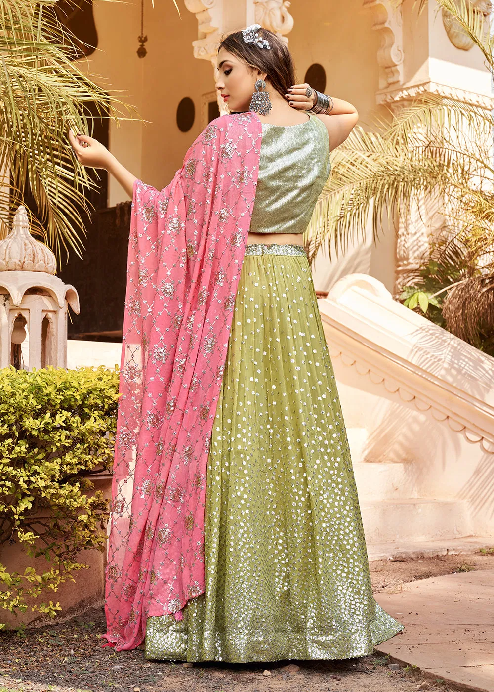 Ingenious Pistachio Green Silver Sequins Party Wear Lehenga