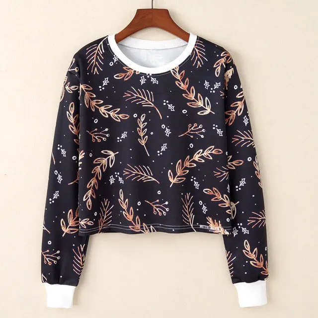 Kawaii Printed Casual Crop Top Long Sleeve