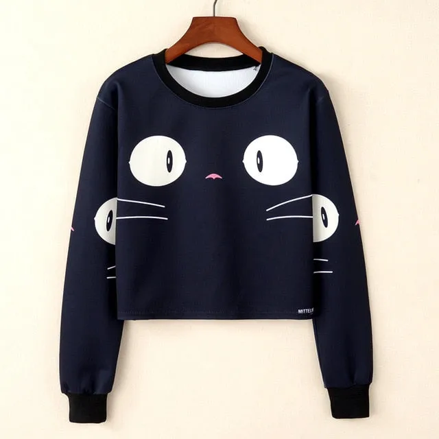 Kawaii Printed Casual Crop Top Long Sleeve