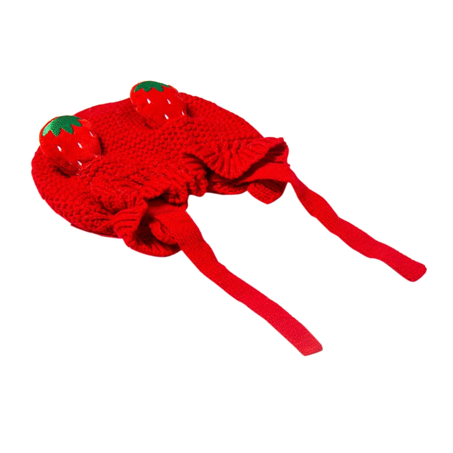 Knit Woollen Cap With Tie Knot For Ear Cover Strawberry Red