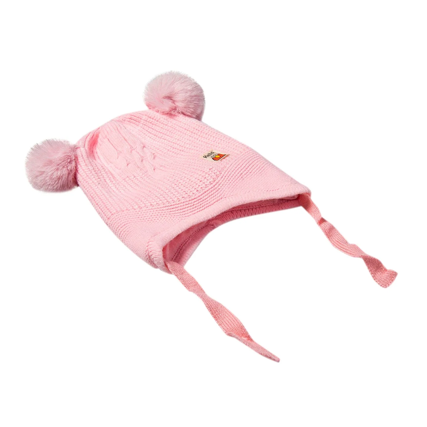 Knit Woollen Cap With Tie Knot For Ear Protection Solid Light Pink