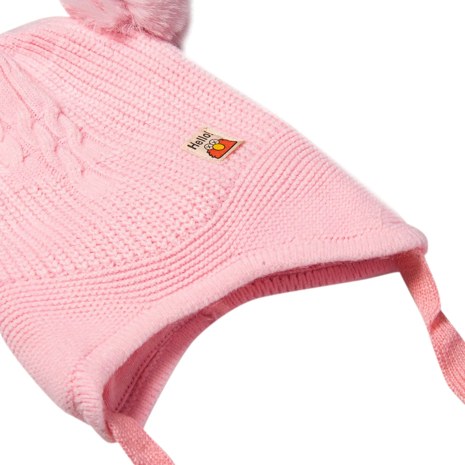 Knit Woollen Cap With Tie Knot For Ear Protection Solid Light Pink