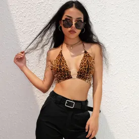 Leopard Print Bralette Crop Top Lace Up Halter Sexy Backless Patchwork Bandage Tank Top