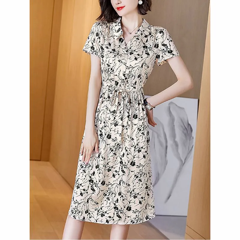 Light Elastic Print Satin Finish Cinched Waist Dress