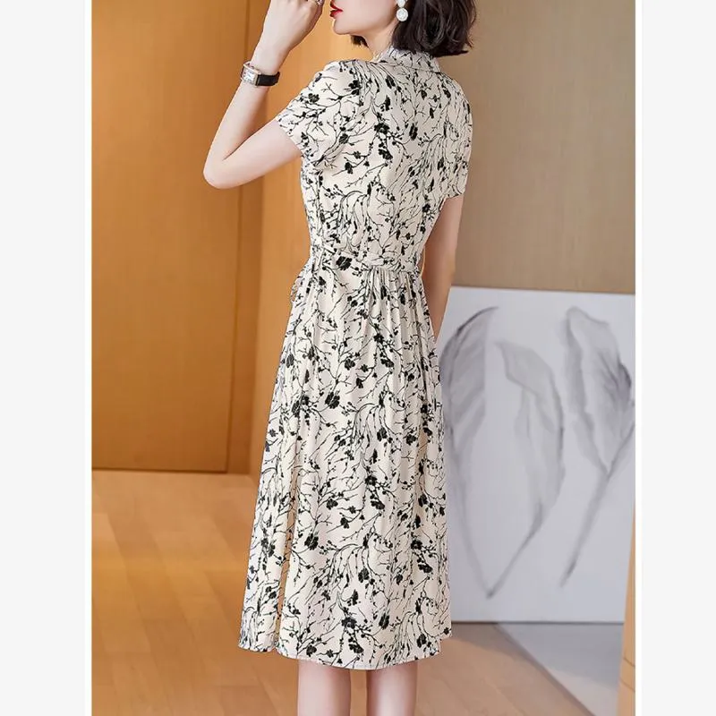 Light Elastic Print Satin Finish Cinched Waist Dress