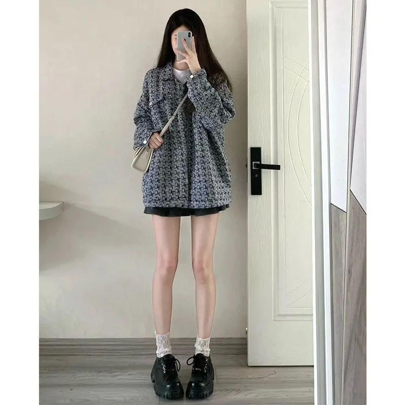 Loose Fit Houndstooth Shirt Jacket