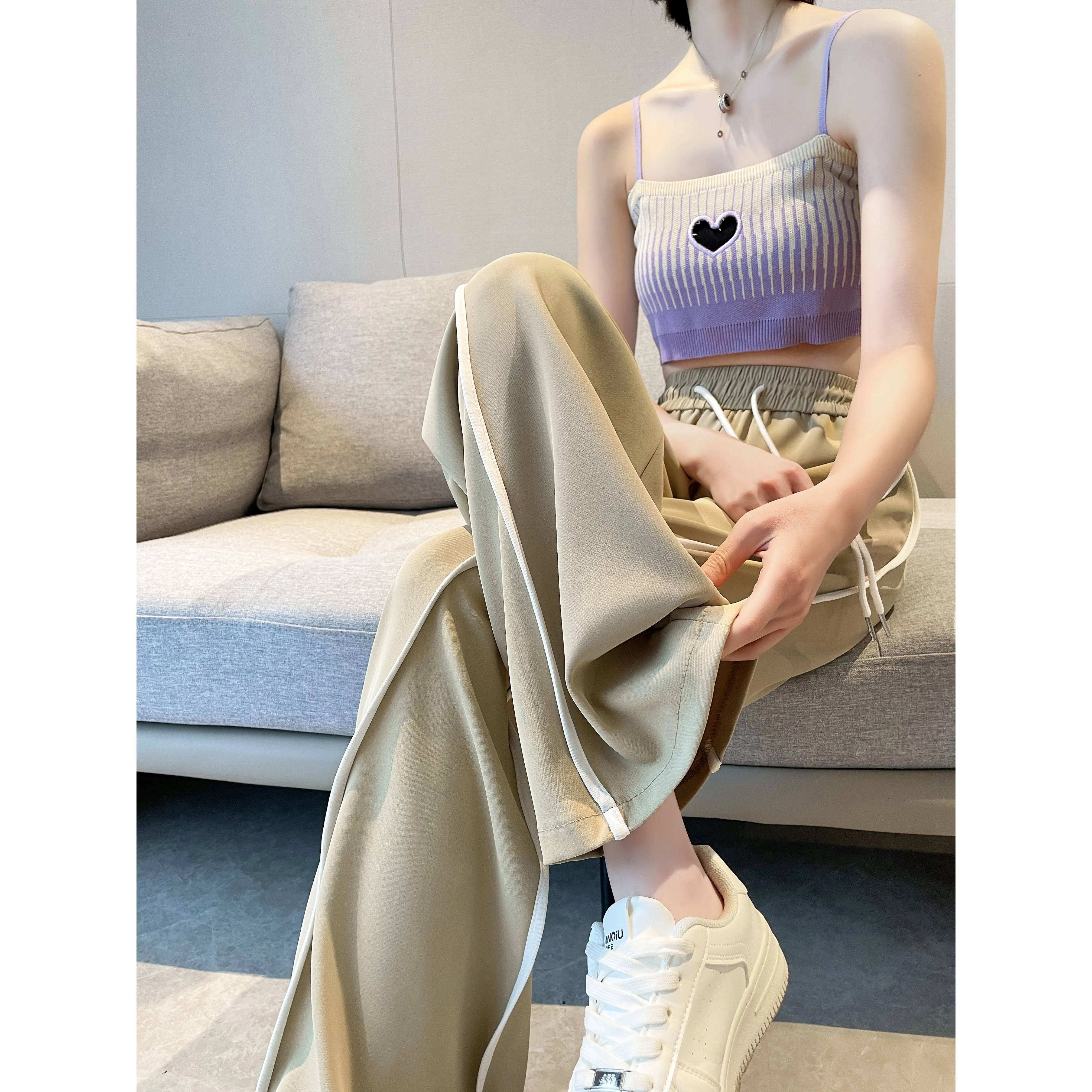 Loose-Fit Silky Elasticity Straight Stripe Straight-Leg Pants