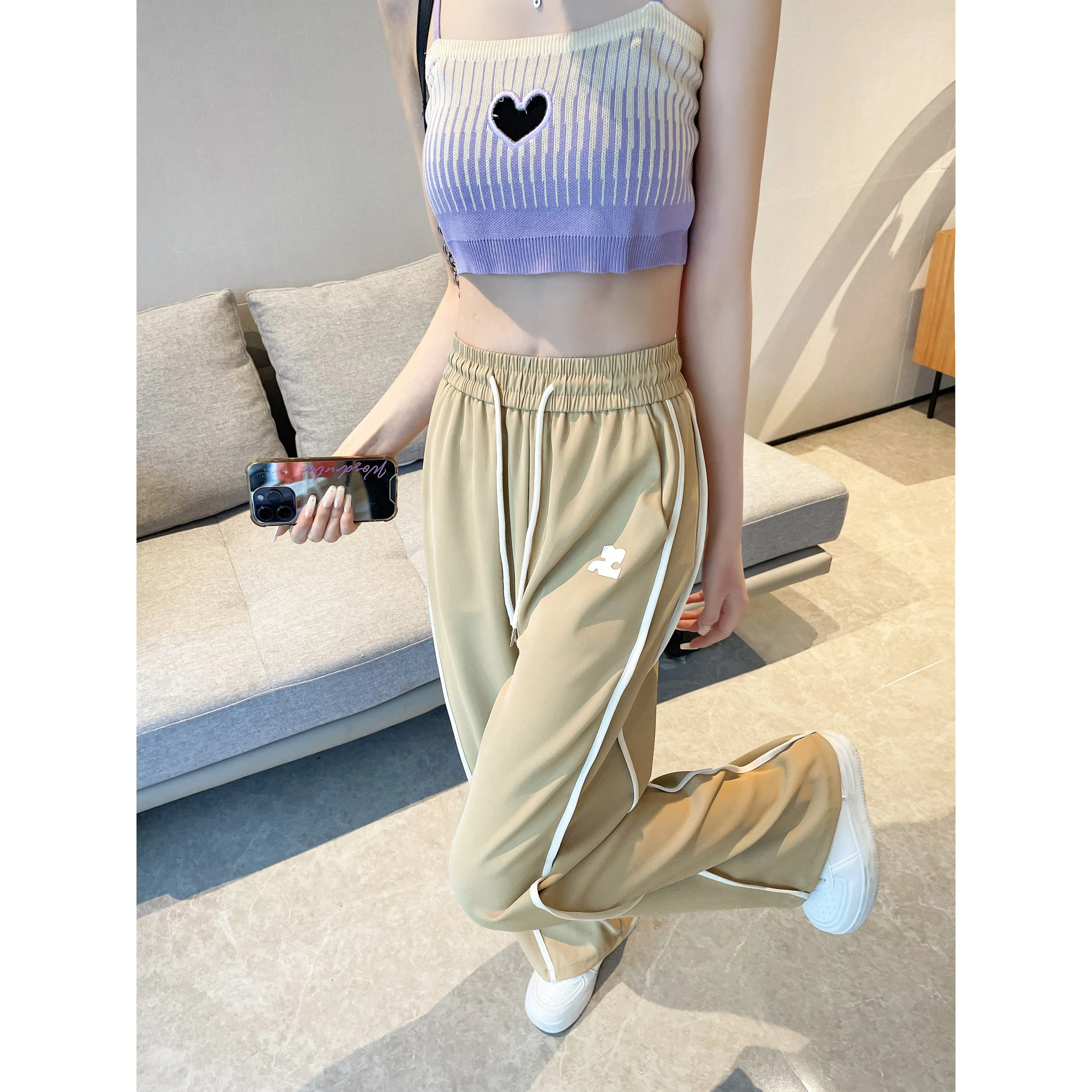 Loose-Fit Silky Elasticity Straight Stripe Straight-Leg Pants