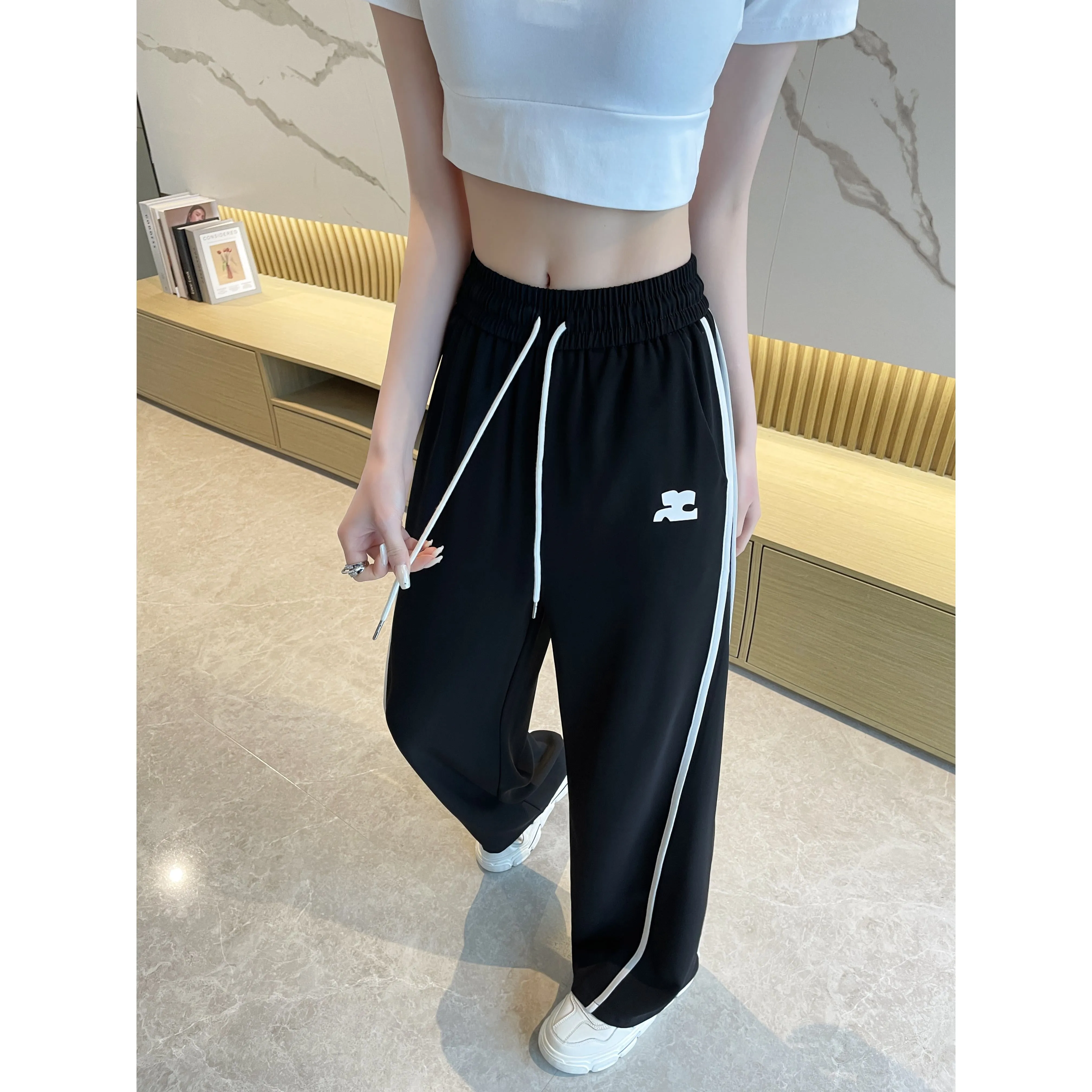 Loose-Fit Silky Elasticity Straight Stripe Straight-Leg Pants