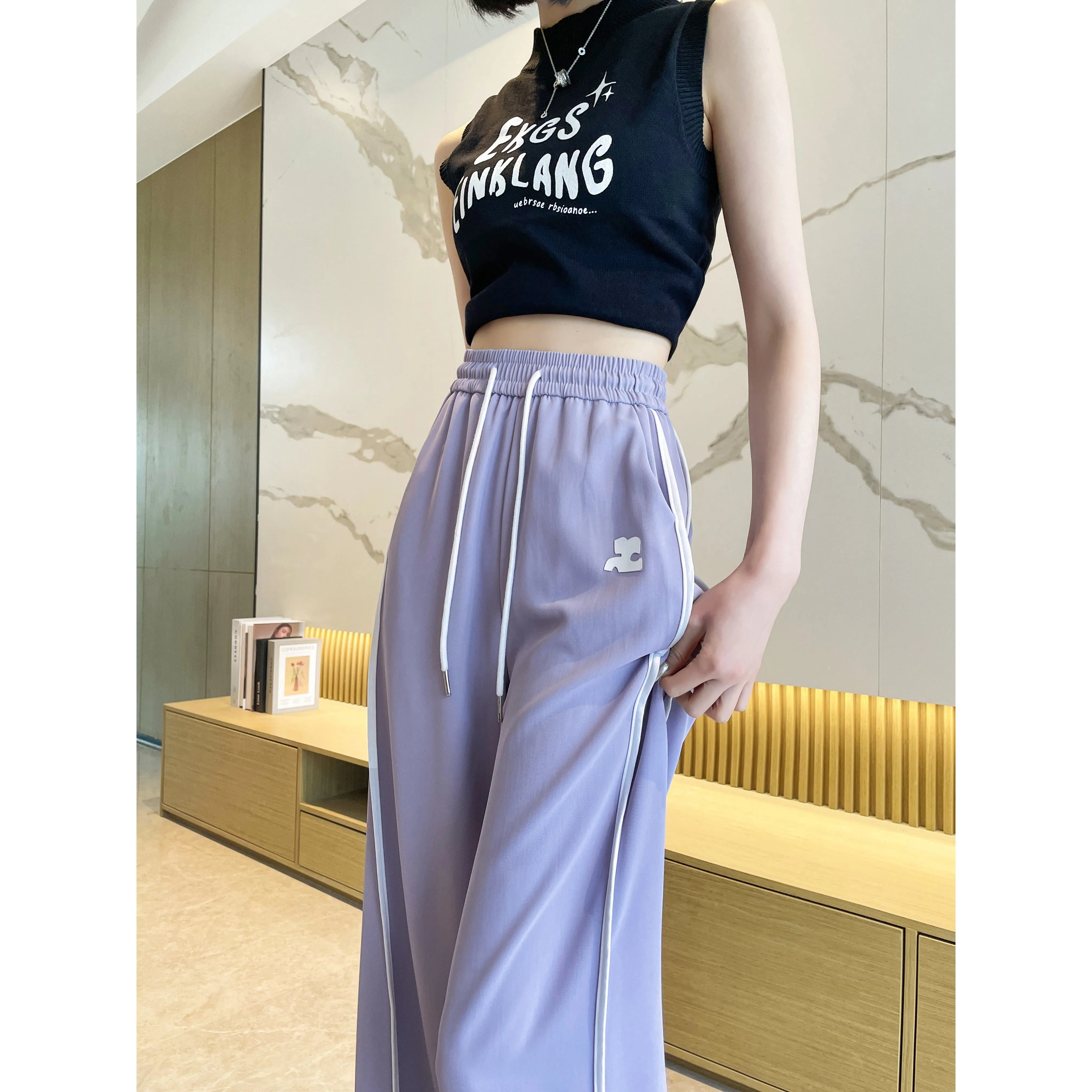 Loose-Fit Silky Elasticity Straight Stripe Straight-Leg Pants