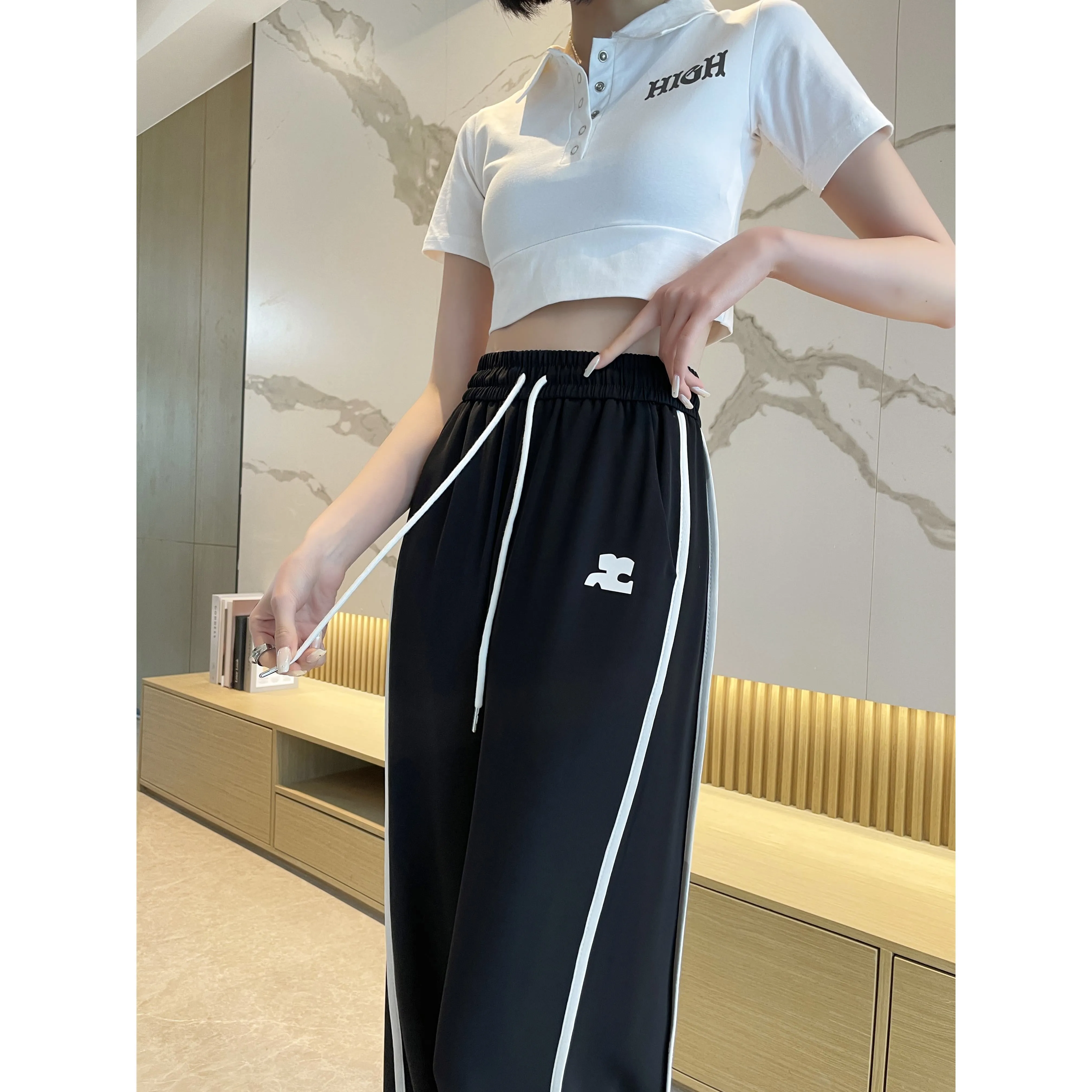 Loose-Fit Silky Elasticity Straight Stripe Straight-Leg Pants