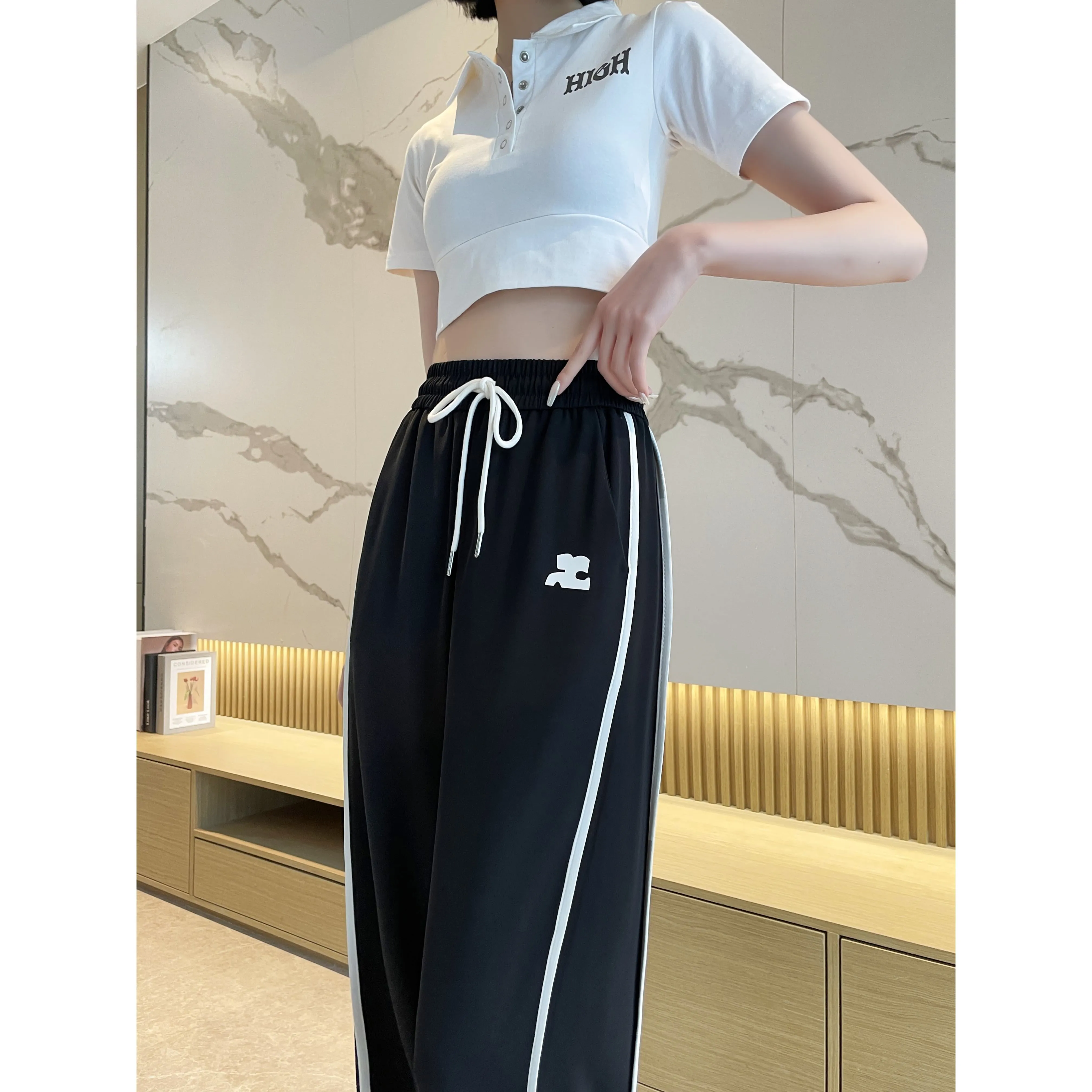 Loose-Fit Silky Elasticity Straight Stripe Straight-Leg Pants