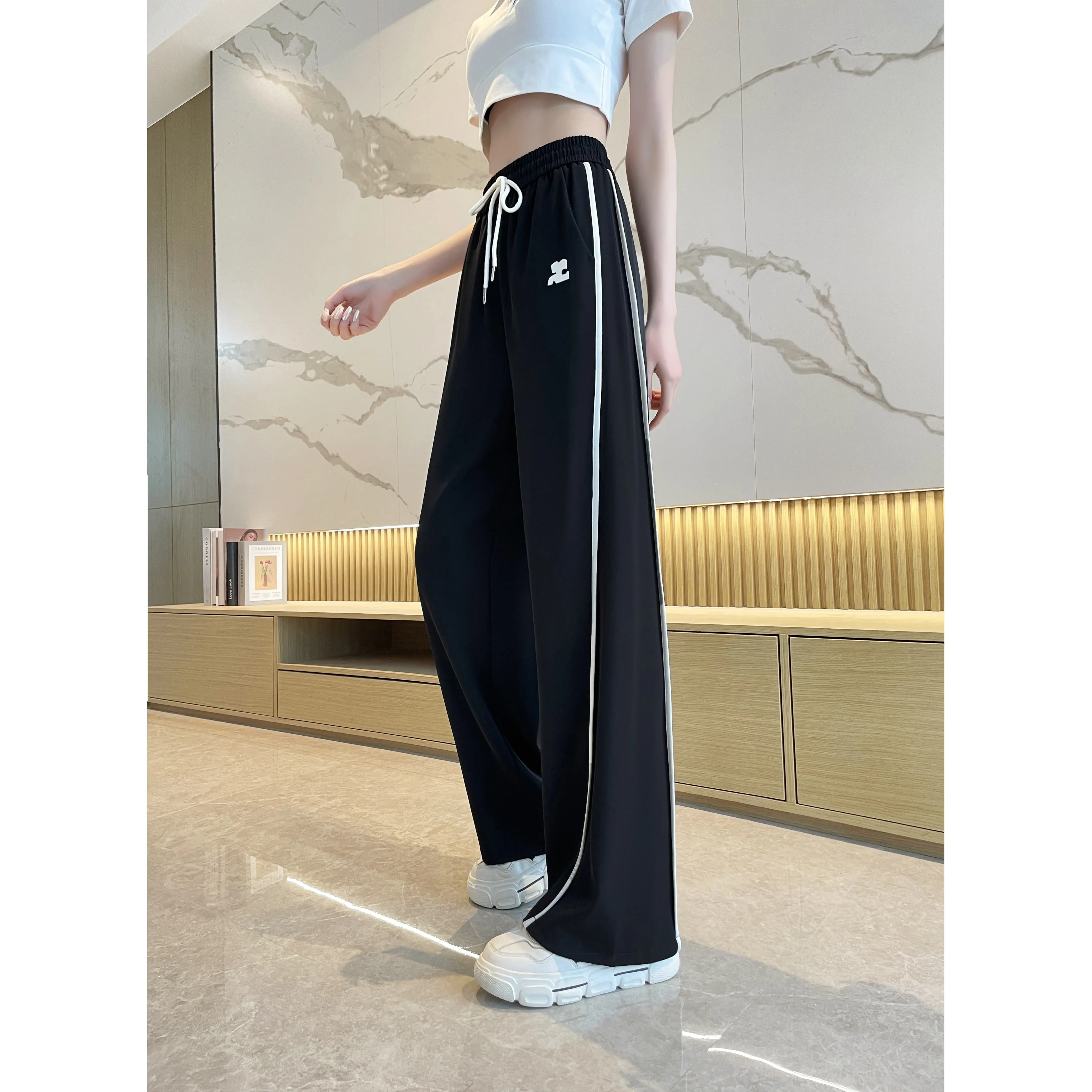 Loose-Fit Silky Elasticity Straight Stripe Straight-Leg Pants