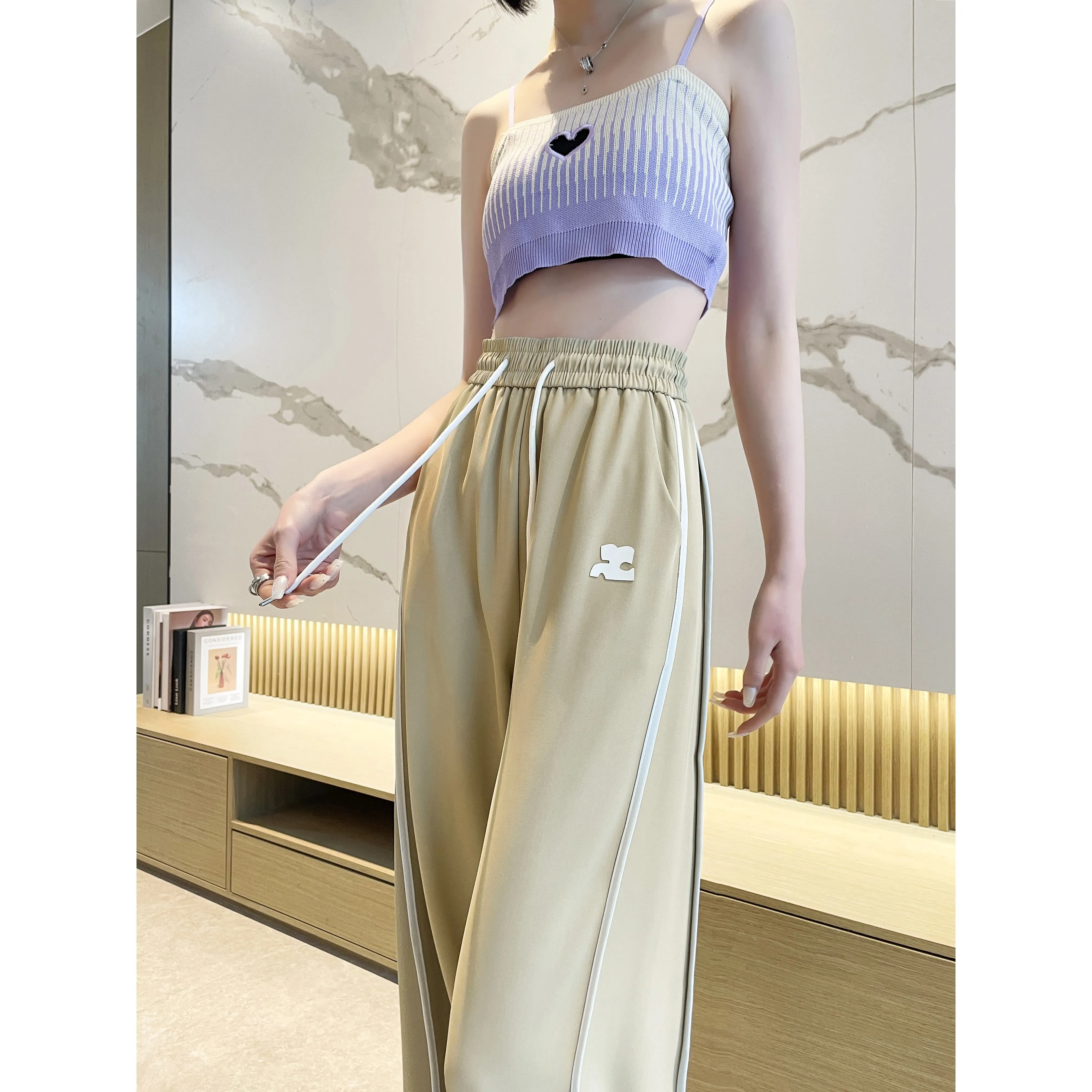 Loose-Fit Silky Elasticity Straight Stripe Straight-Leg Pants