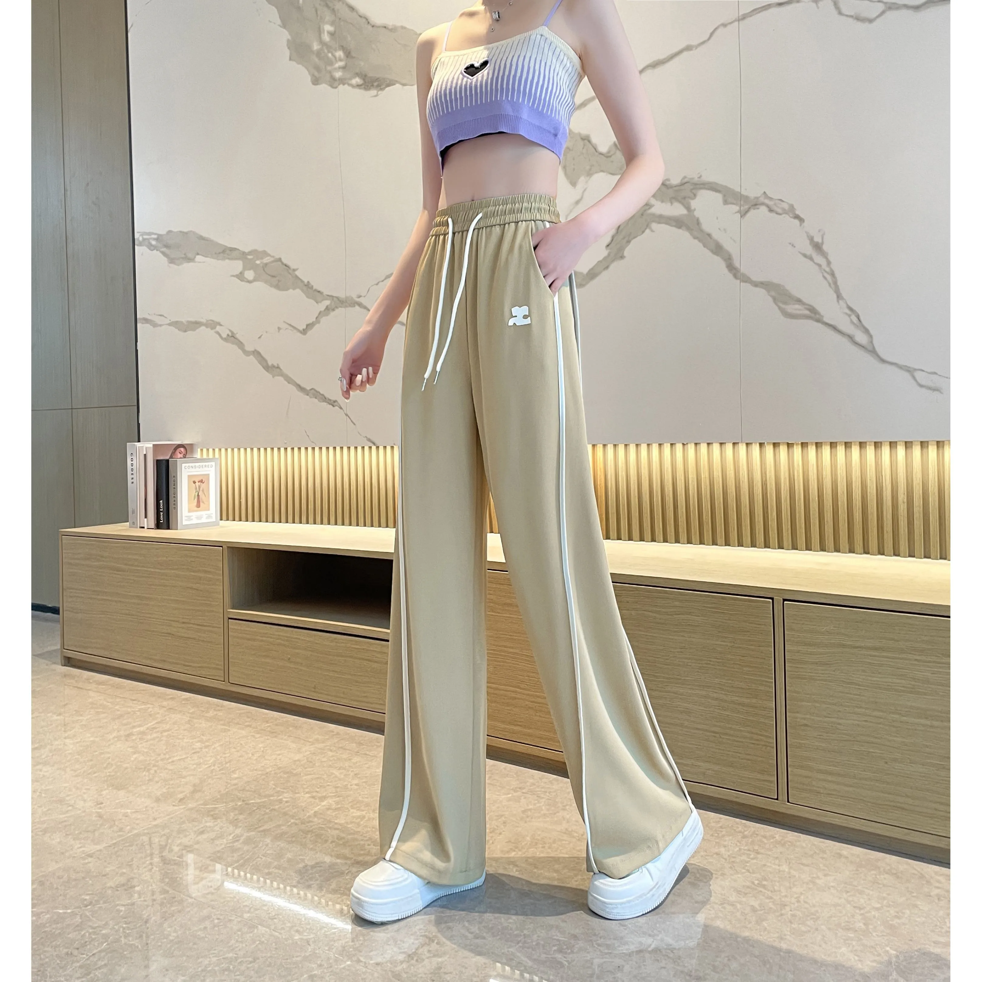 Loose-Fit Silky Elasticity Straight Stripe Straight-Leg Pants