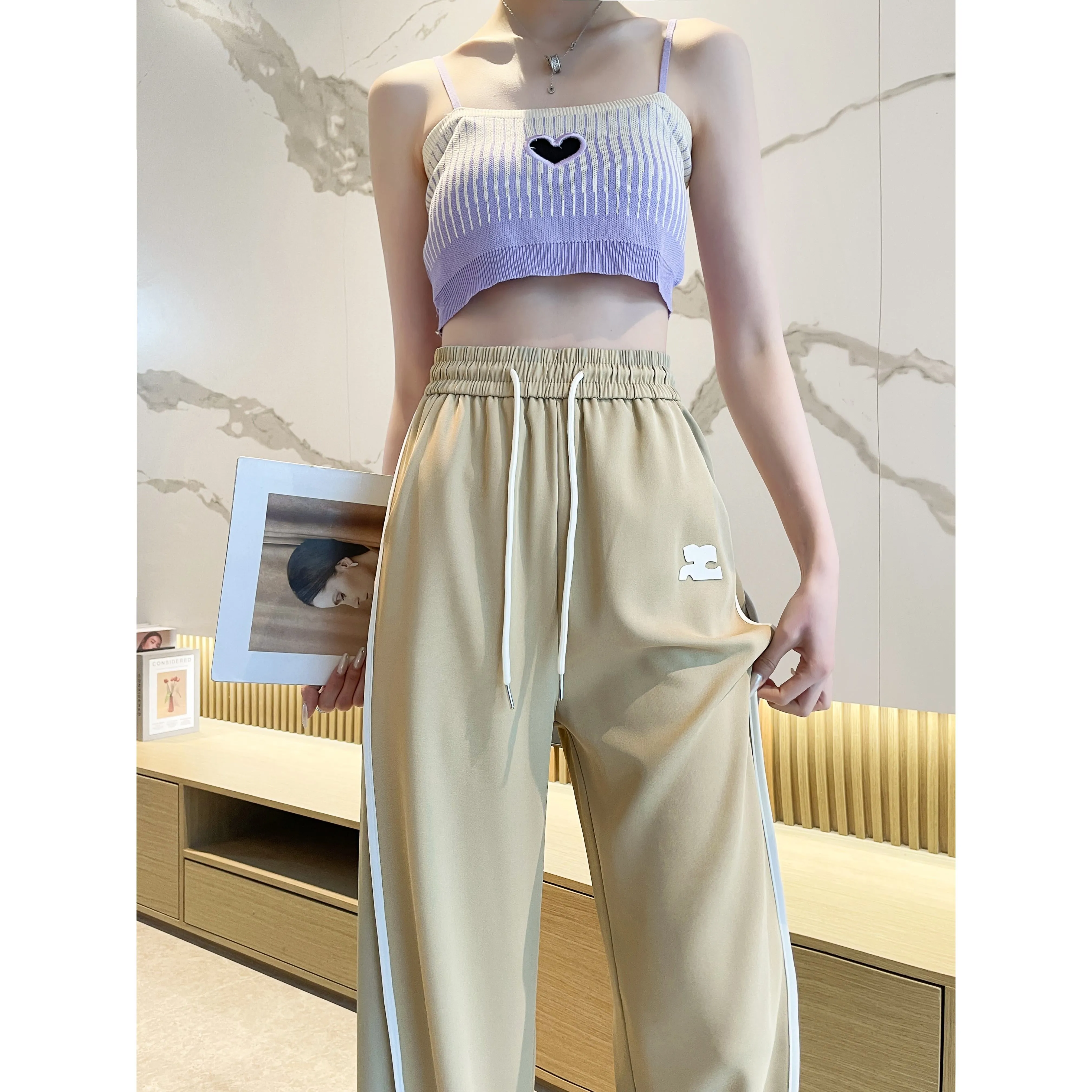 Loose-Fit Silky Elasticity Straight Stripe Straight-Leg Pants