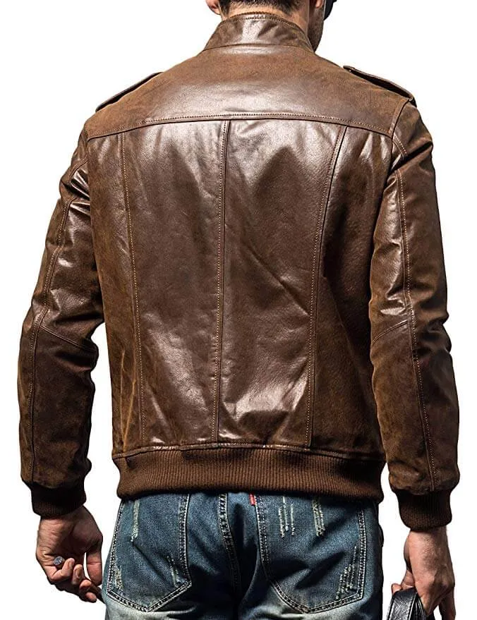 Men Biker Retro Brown Leather Motorcycle Jacket Bomber Genuine Leather Jacket