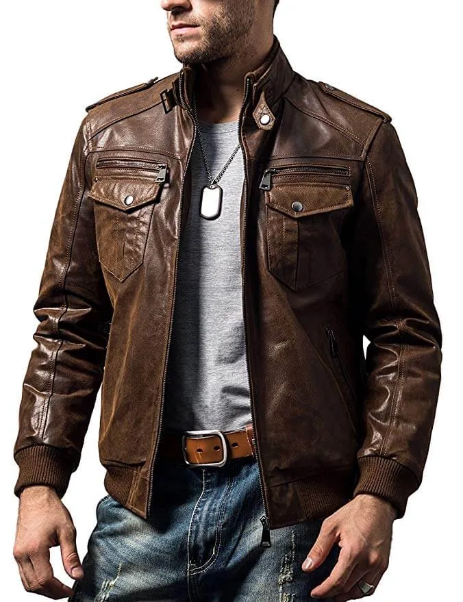 Men Biker Retro Brown Leather Motorcycle Jacket Bomber Genuine Leather Jacket