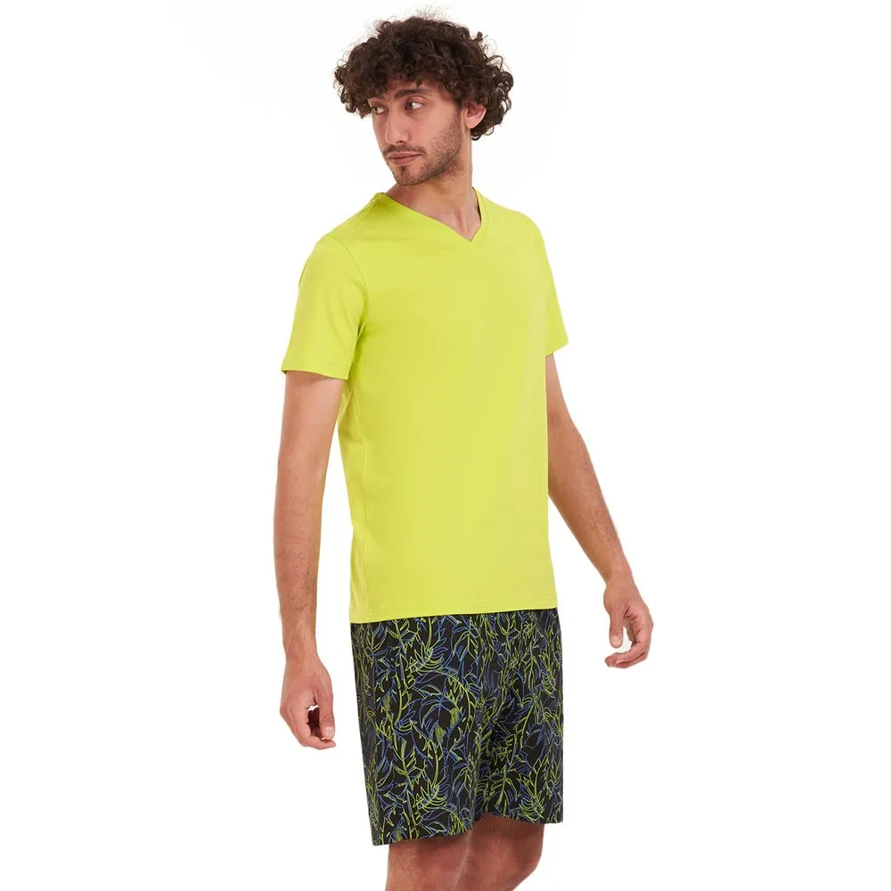 Men summer pajama set Lime green T-shirt   Petroleum x lime green short