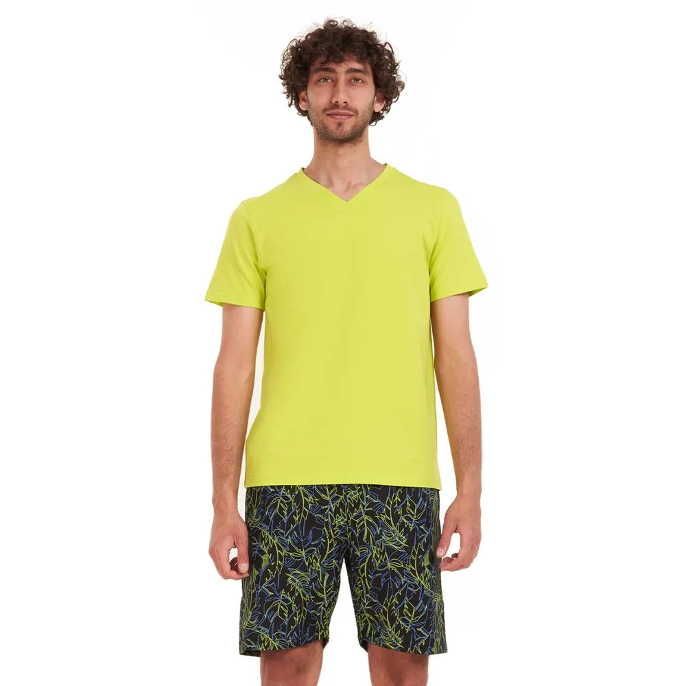 Men summer pajama set Lime green T-shirt   Petroleum x lime green short