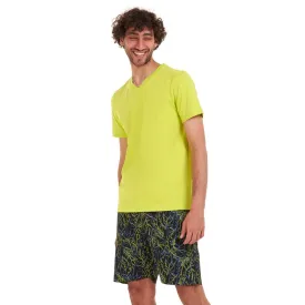 Men summer pajama set Lime green T-shirt   Petroleum x lime green short