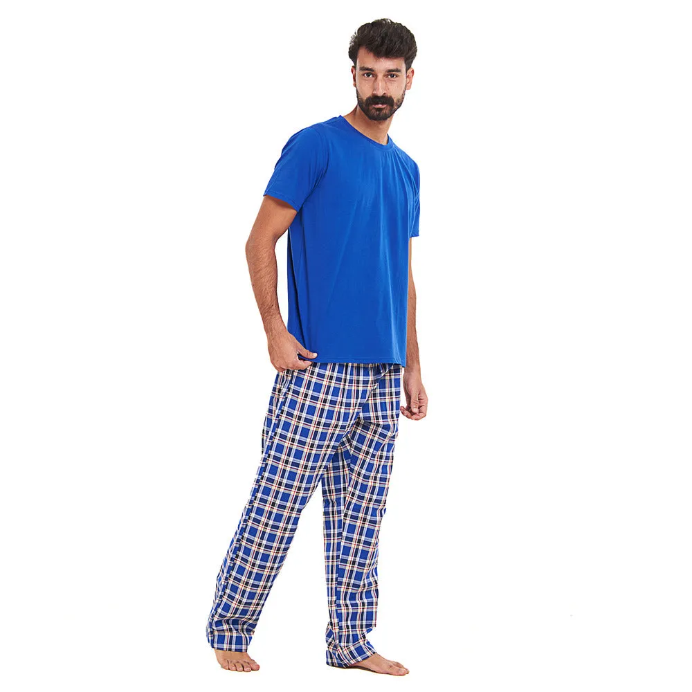 Men summer pajama set Royal blue T-shirt   Royal blue x Red Checkered Pants