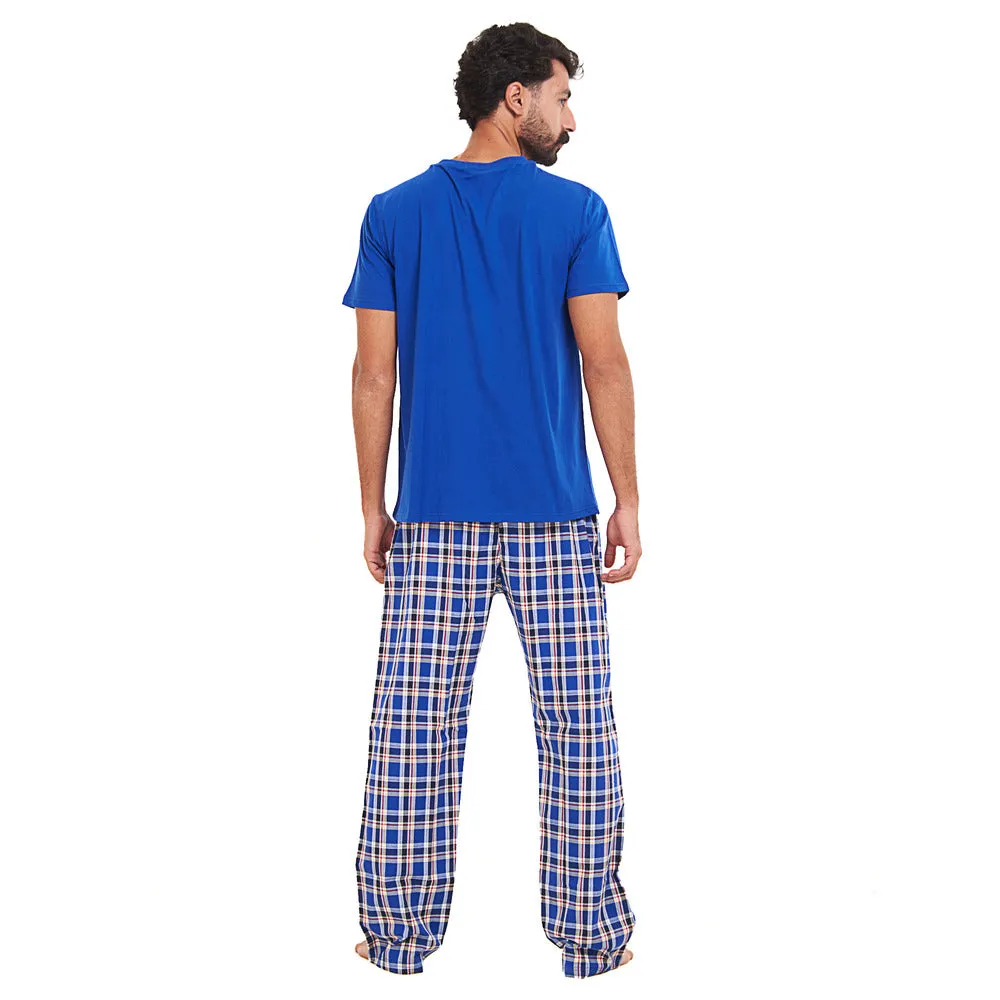 Men summer pajama set Royal blue T-shirt   Royal blue x Red Checkered Pants