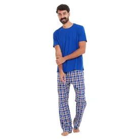 Men summer pajama set Royal blue T-shirt   Royal blue x Red Checkered Pants