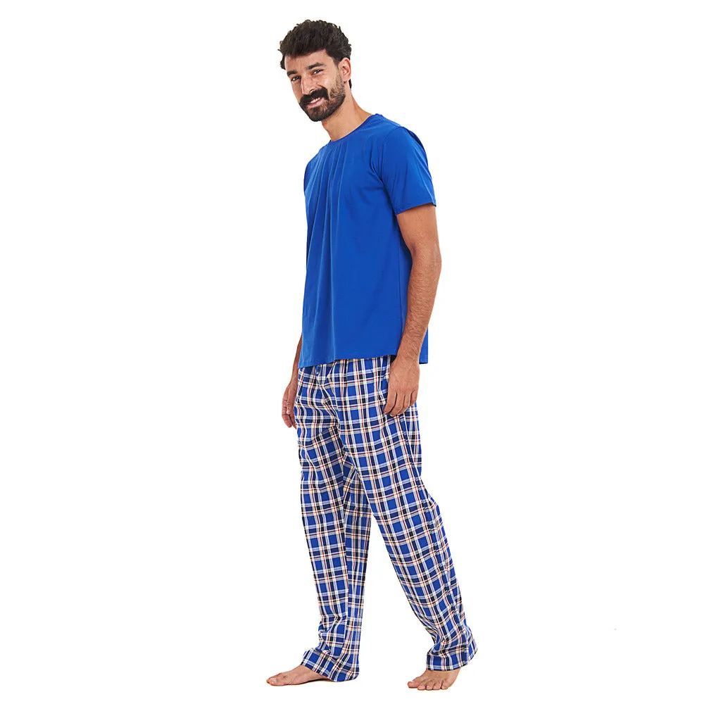 Men summer pajama set Royal blue T-shirt   Royal blue x Red Checkered Pants