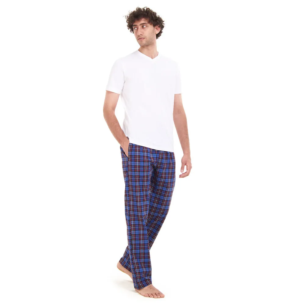 Men summer pajama set White T-shirt   Dark Blue Checkered pants