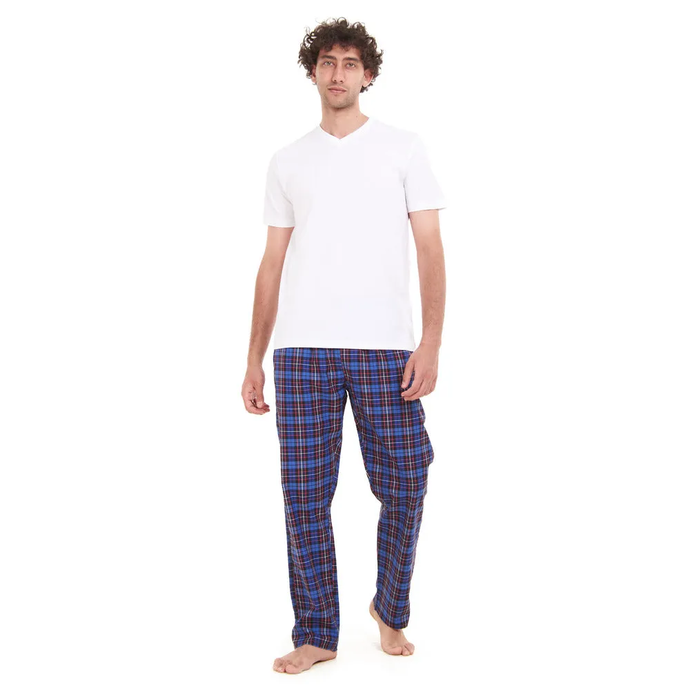 Men summer pajama set White T-shirt   Dark Blue Checkered pants