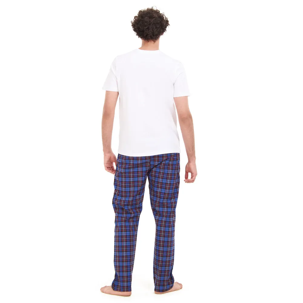 Men summer pajama set White T-shirt   Dark Blue Checkered pants