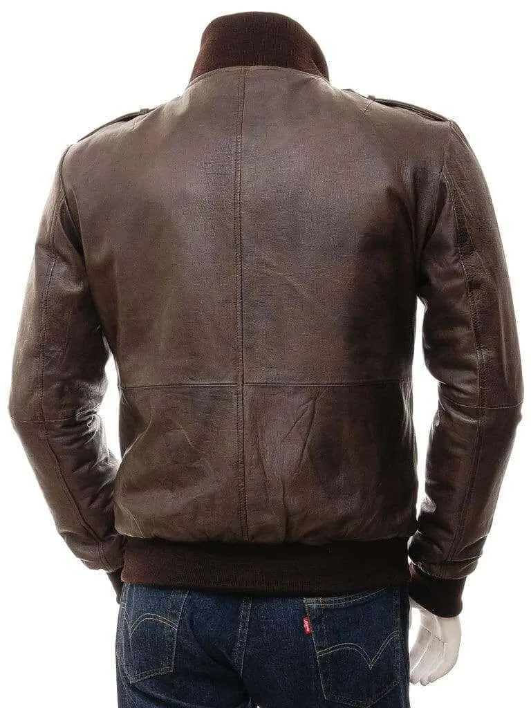 Men's Brown Bomber Leather Jacket, Zipper Closer Genuine Leather Jacket